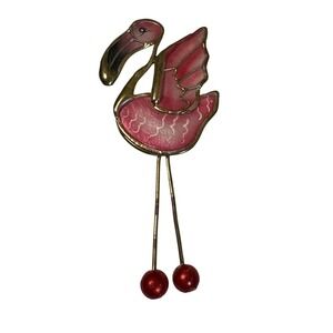 Whimsical Enamel Flamingo Brooch with Dangling Beads Gold Tone Metal‎